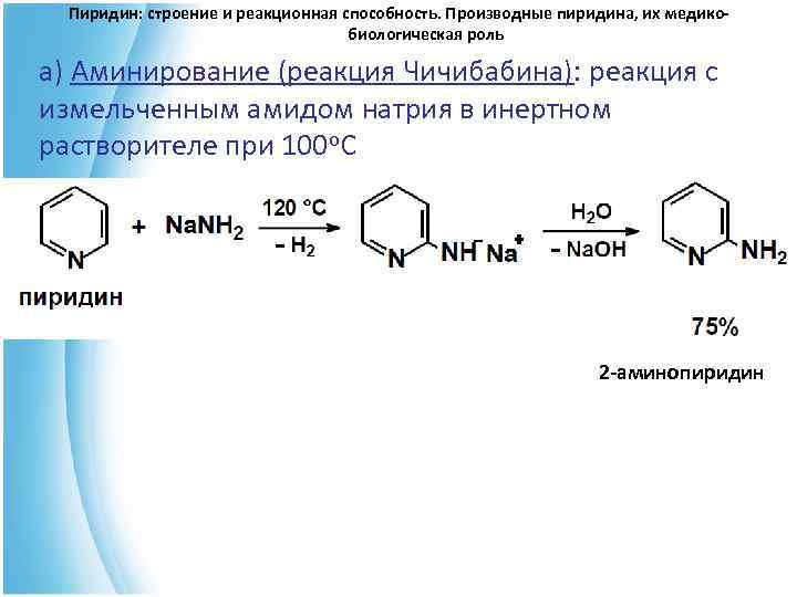  Пиридин: строение и реакционная способность. Производные пиридина, их медико- биологическая роль а) Аминирование