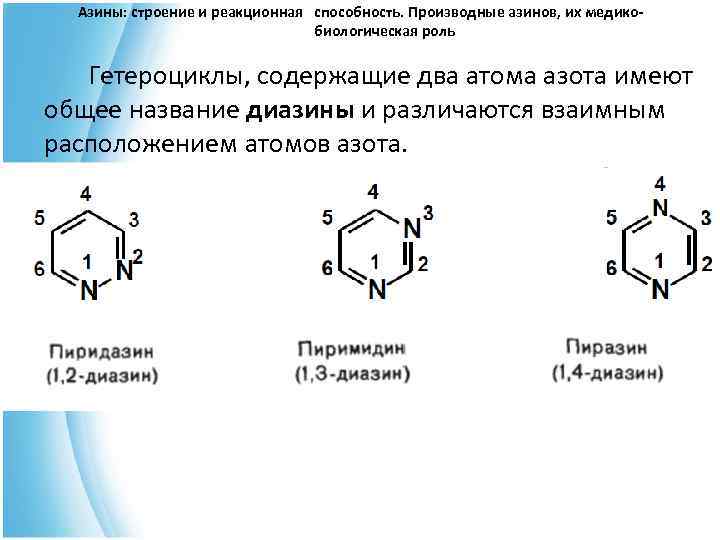  Азины: строение и реакционная способность. Производные азинов, их медико- биологическая роль Гетероциклы, содержащие