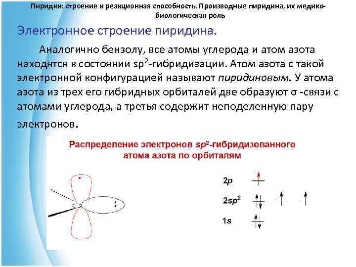  Пиридин: строение и реакционная способность. Производные пиридина, их медико- биологическая роль Электронное строение