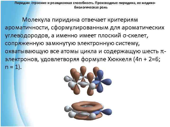  Пиридин: строение и реакционная способность. Производные пиридина, их медико- биологическая роль Молекула пиридина