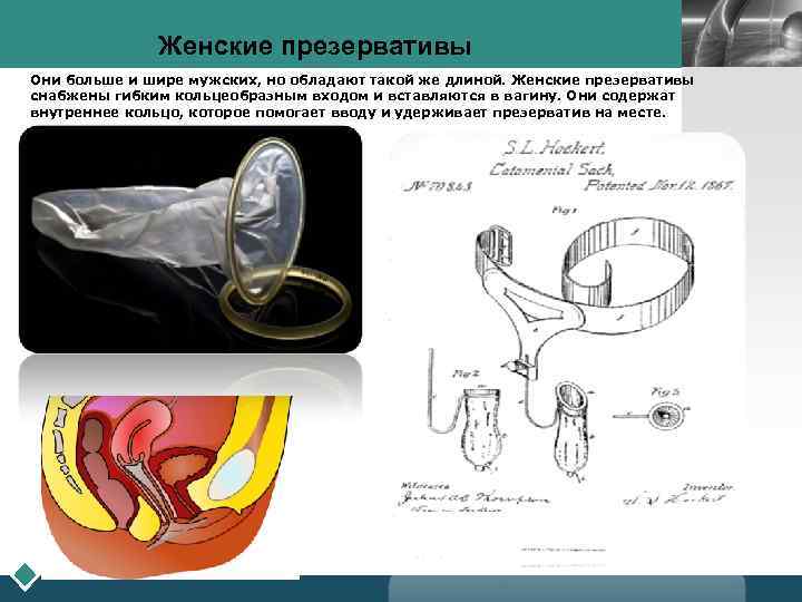  Женские презервативы LOGO Они больше и шире мужских, но обладают такой же длиной.