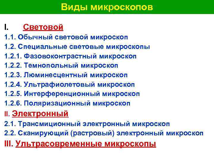  Виды микроскопов I. Световой 1. 1. Обычный световой микроскоп 1. 2. Специальные световые