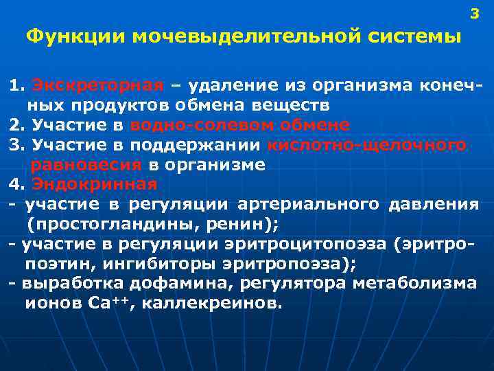  3 Функции мочевыделительной системы 1. Экскреторная – удаление из организма конеч- ных продуктов