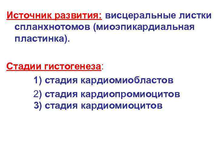 Источник развития: висцеральные листки спланхнотомов (миоэпикардиальная пластинка). Стадии гистогенеза: 1) стадия кардиомиобластов 2) стадия