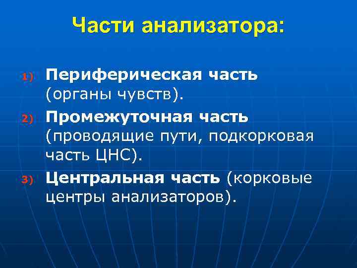  Части анализатора: 1) Периферическая часть (органы чувств). 2) Промежуточная часть (проводящие пути, подкорковая