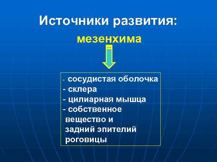 Источники развития: мезенхима - сосудистая оболочка - склера - цилиарная мышца - собственное вещество