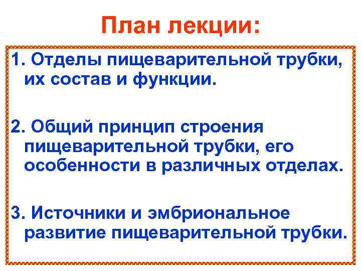  План лекции: 1. Отделы пищеварительной трубки, их состав и функции. 2. Общий принцип