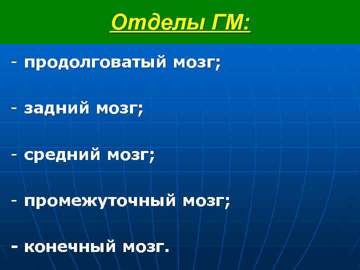  Отделы ГМ: - продолговатый мозг; - задний мозг; - средний мозг; - промежуточный