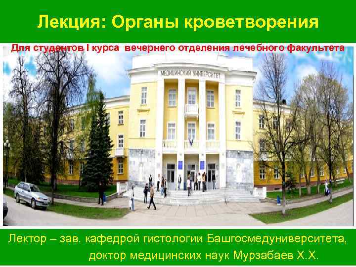  Лекция: Органы кроветворения Для студентов I курса вечернего отделения лечебного факультета Лектор –