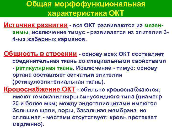  Общая морфофункциональная характеристика ОКТ Источник развития - все ОКТ развиваются из мезен- химы;