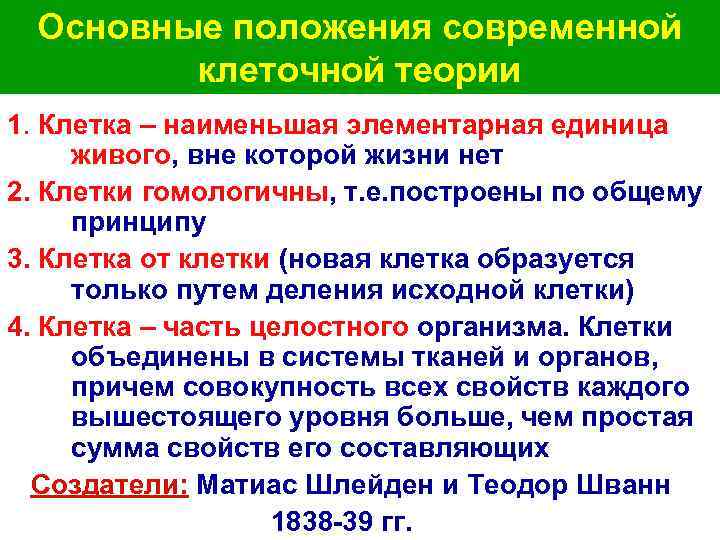  Основные положения современной клеточной теории 1. Клетка – наименьшая элементарная единица живого, вне