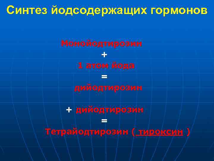 Синтез йодсодержащих гормонов Монойодтирозин + 1 атом йода = дийодтирозин + дийодтирозин = Тетрайодтирозин