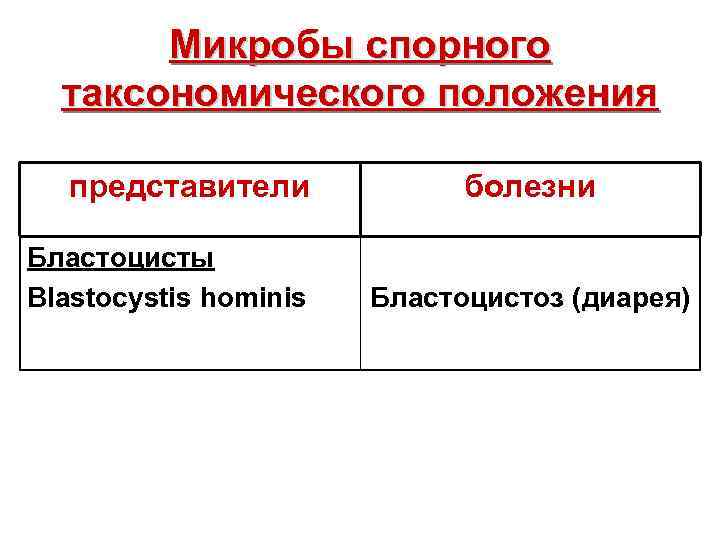  Микробы спорного таксономического положения представители болезни Бластоцисты Blastocystis hominis Бластоцистоз (диарея) 