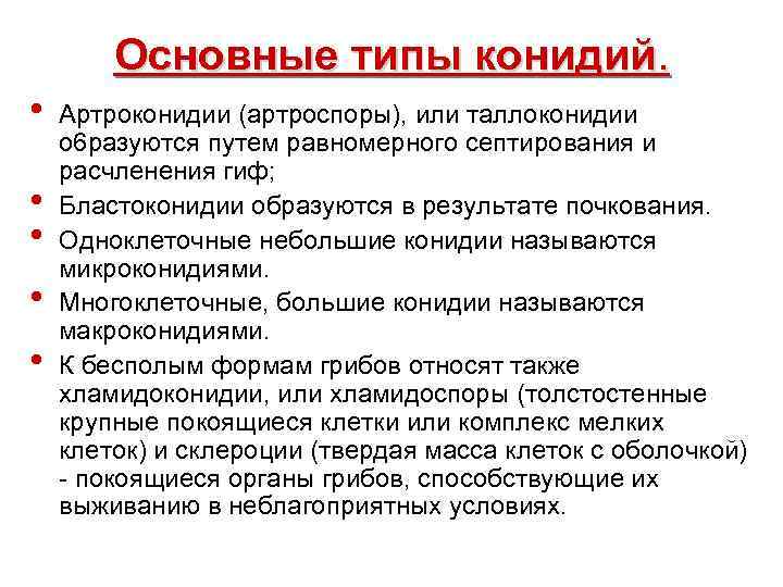  Основные типы конидий. • Артроконидии (артроспоры), или таллоконидии о 6 разуются путем равномерного