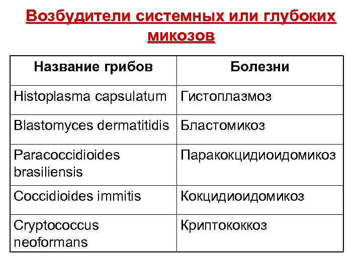  Возбудители системных или глубоких микозов Название грибов Болезни Histoplasma capsulatum Гистоплазмоз Blastomyces dermatitidis