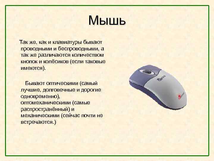  Мышь Так же, как и клавиатуры бывают проводными и беспроводными, а так же