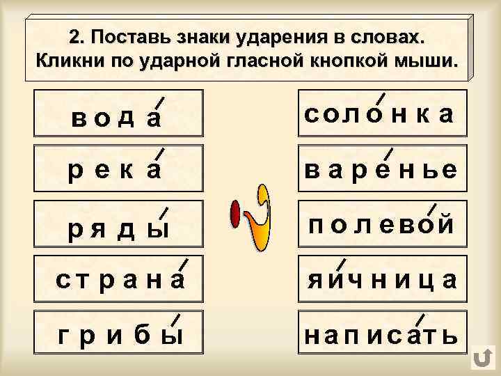  2. Поставь знаки ударения в словах. Кликни по ударной гласной кнопкой мыши. вод