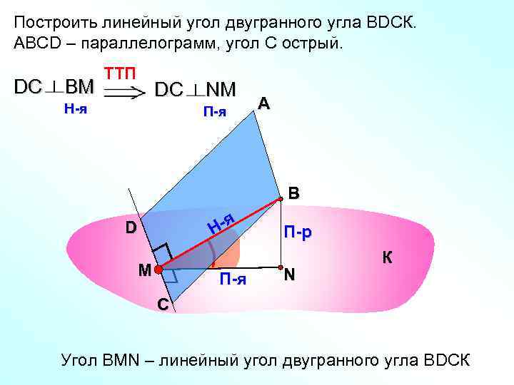 Построить линейный угол двугранного угла ВDСК. АВСD – параллелограмм, угол С острый. TTП DС