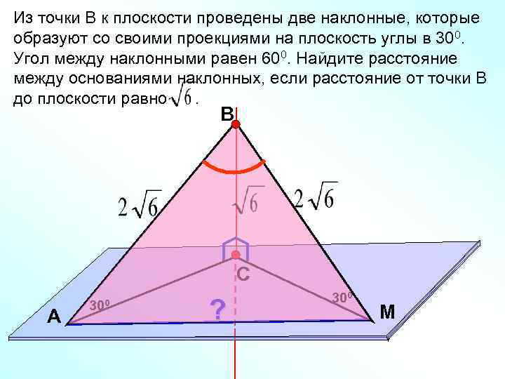 Из точки В к плоскости проведены две наклонные, которые образуют со своими проекциями на