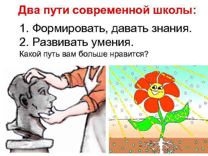 Два пути современной школы: 1. Формировать, давать знания. 2. Развивать умения. Какой путь вам