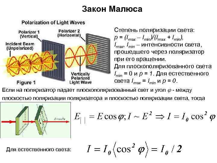  Закон Малюса Степень поляризации света: p = (Imax – Imin)/(Imax + Imin), Imax,