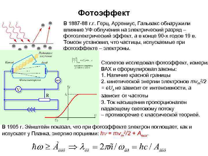  Фотоэффект В 1887 -88 г. г. Герц, Аррениус, Гальвакс обнаружили влияние УФ облучения