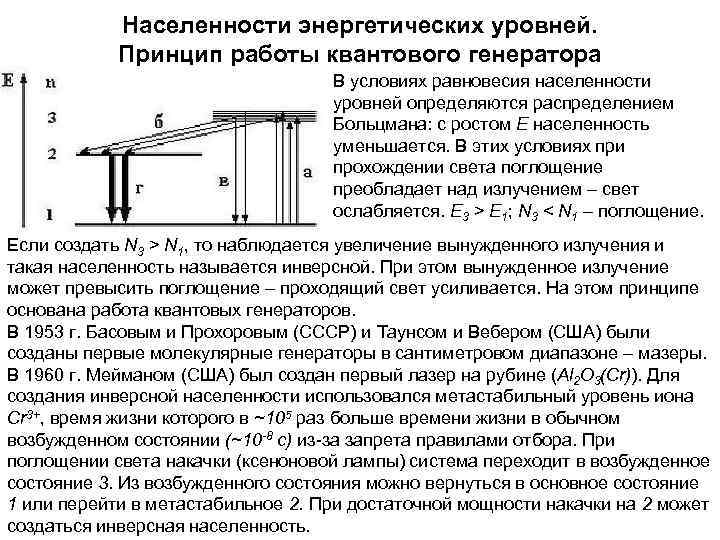  Населенности энергетических уровней. Принцип работы квантового генератора В условиях равновесия населенности уровней определяются