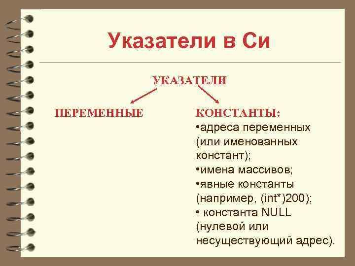  Указатели в Си   УКАЗАТЕЛИ ПЕРЕМЕННЫЕ  КОНСТАНТЫ:    