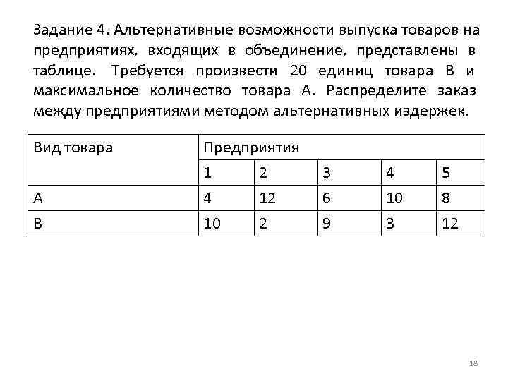 Задание 4. Альтернативные возможности выпуска товаров на предприятиях, входящих в объединение, представлены в таблице.
