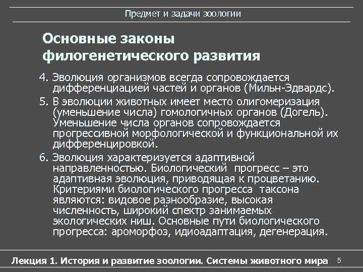Предмет и задачи зоологии Основные законы филогенетического развития Предмет и задачи зоологии Основные законы филогенетического развития