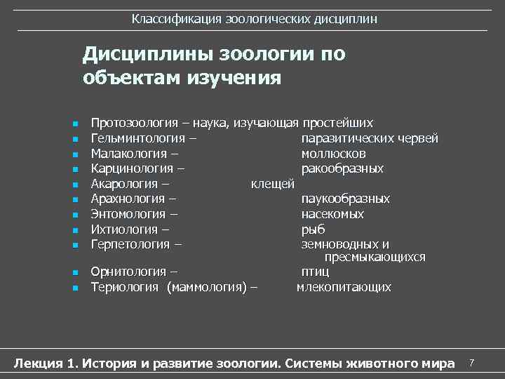 Классификация зоологических дисциплин Дисциплины зоологии по объектам Классификация зоологических дисциплин Дисциплины зоологии по объектам