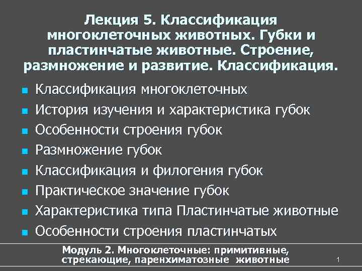   Лекция 5. Классификация многоклеточных животных. Губки и пластинчатые животные. Строение,  размножение