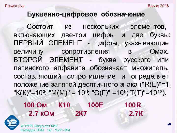 Резисторы     Весна 2016   Буквенно-цифровое обозначение  Состоит из