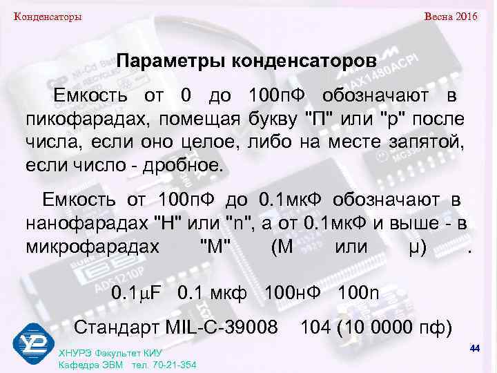 Конденсаторы       Весна 2016     Параметры