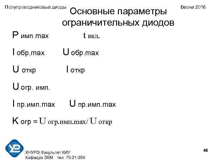 Полупроводниковые диоды P имп. max Основные параметры ограничительных диодов t вкл. I обр. max