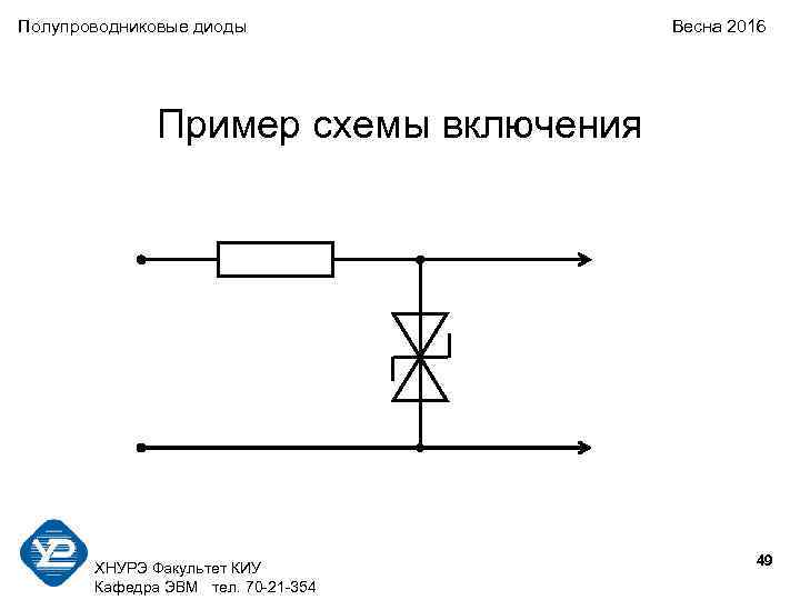 Полупроводниковые диоды Весна 2016 Пример схемы включения ХНУРЭ Факультет КИУ Кафедра ЭВМ тел. 70