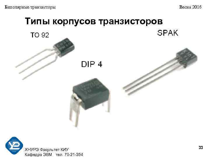 Биполярные транзисторы Весна 2016 Типы корпусов транзисторов 33 ХНУРЭ Факультет КИУ Кафедра ЭВМ тел.