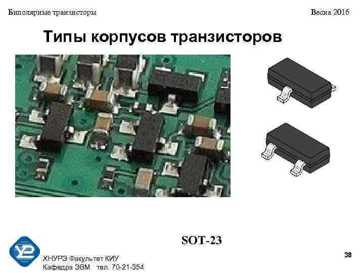 Биполярные транзисторы Весна 2016 Типы корпусов транзисторов SOT-23 38 ХНУРЭ Факультет КИУ Кафедра ЭВМ