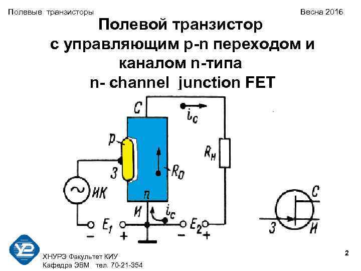 Полевые транзисторы Весна 2016 Полевой транзистор с управляющим p-n переходом и каналом n-типа n-