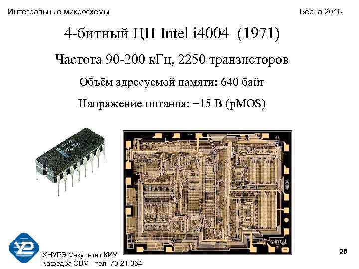 Интегральные микросхемы Весна 2016 4 -битный ЦП Intel i 4004 (1971) Частота 90 -200