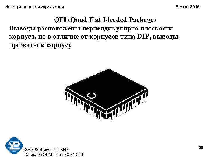 Интегральные микросхемы Весна 2016 QFI (Quad Flat I-leaded Package) Выводы расположены перпендикулярно плоскости корпуса,