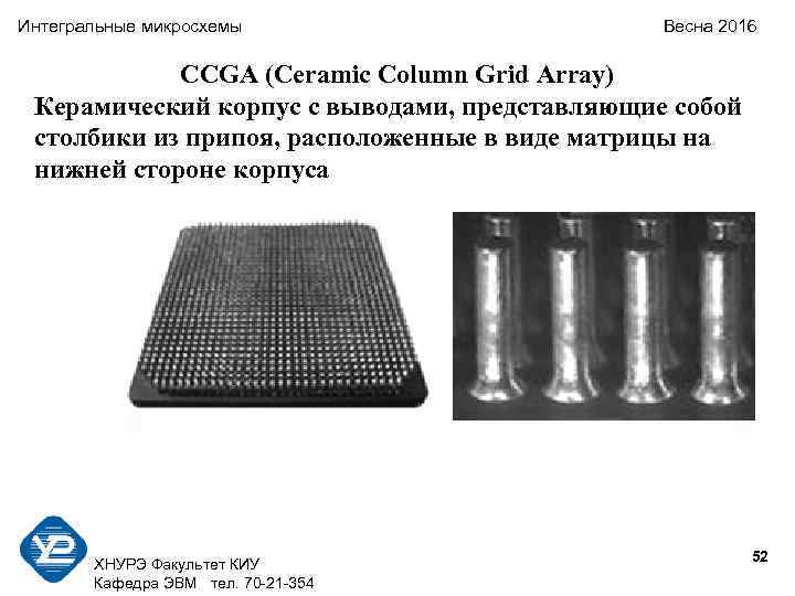 Интегральные микросхемы Весна 2016 CCGA (Ceramic Column Grid Array) Керамический корпус с выводами, представляющие