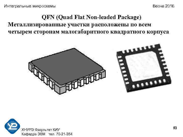 Интегральные микросхемы Весна 2016 QFN (Quad Flat Non-leaded Package) Металлизированные участки расположены по всем
