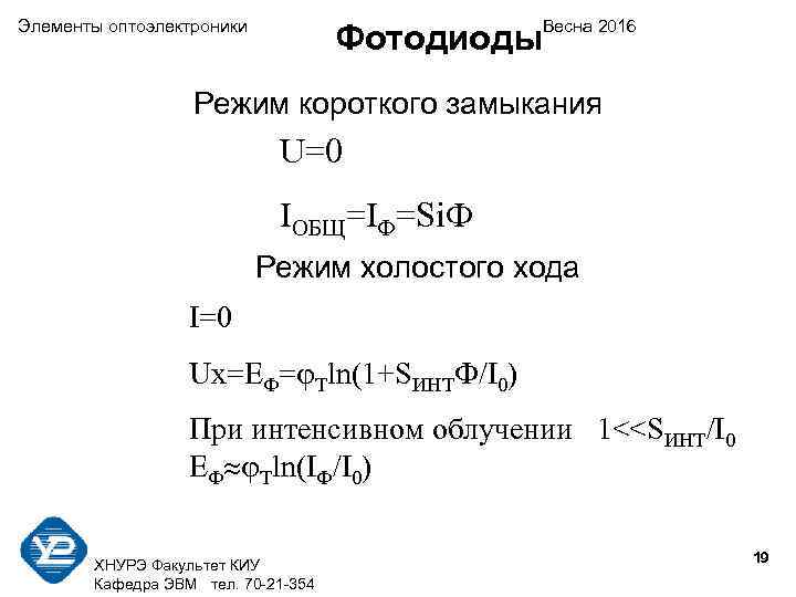 Элементы оптоэлектроники    Весна 2016       Фотодиоды