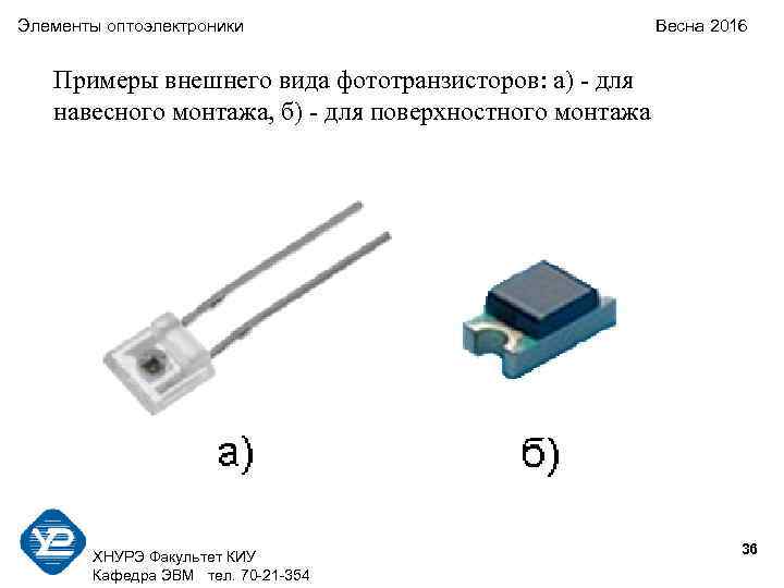 Элементы оптоэлектроники      Весна 2016 Примеры внешнего вида фототранзисторов: а)
