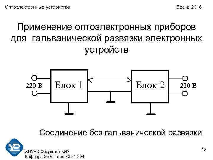 Оптоэлектронные устройства Весна 2016 Применение оптоэлектронных приборов для гальванической развязки электронных устройств Соединение без