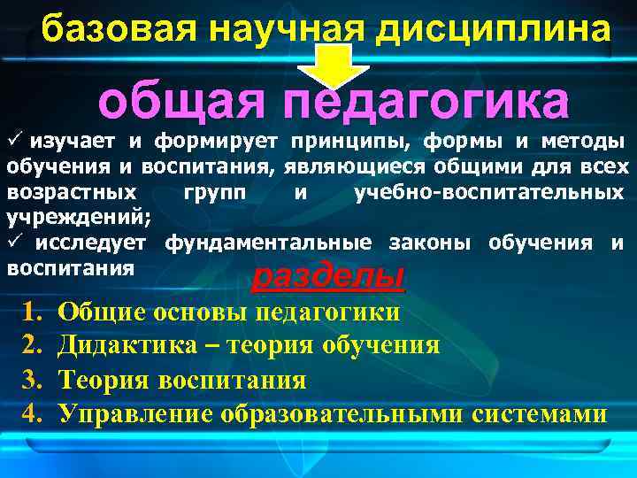  базовая научная дисциплина   общая педагогика ü изучает и формирует принципы, 