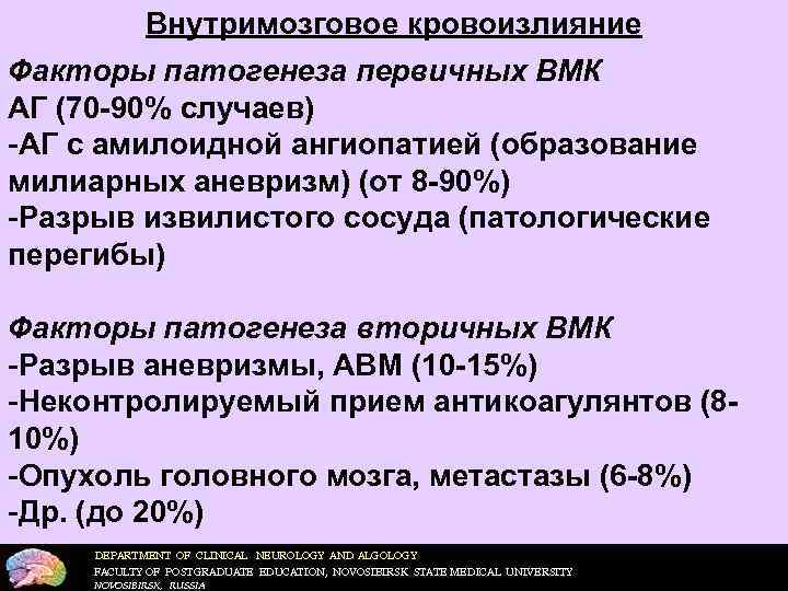    Внутримозговое кровоизлияние Факторы патогенеза первичных ВМК АГ (70 -90% случаев) АГ