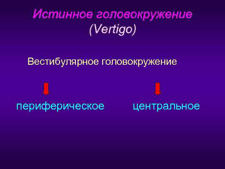   Истинное головокружение  (Vertigo)  Вестибулярное головокружение периферическое   центральное 