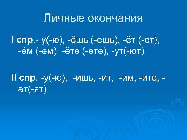  Личные окончания I спр. - у(-ю), -ёшь (-ешь), -ёт (-ет), -ём (-ем) -ёте